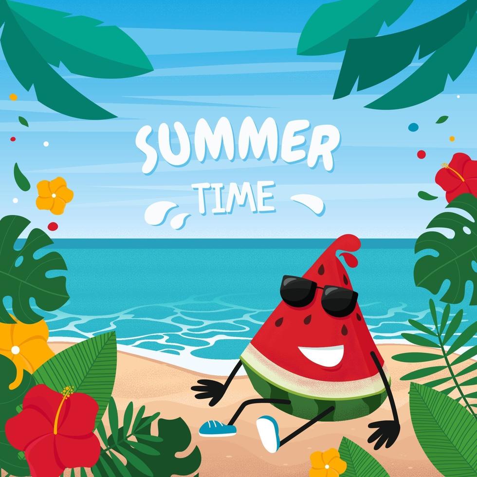 Summer time card. Cute Watermelon on beach landscape with tropical leaves. Vector illustration in flat style