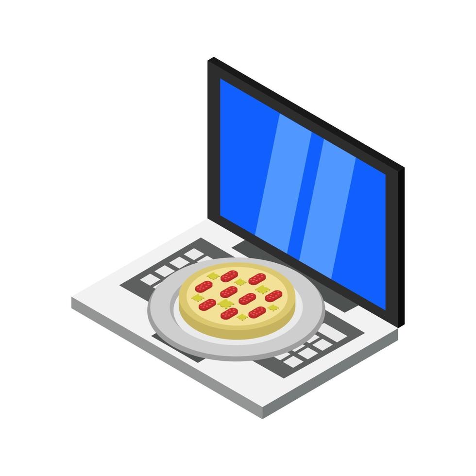 comprar pizza en línea isométrica en la computadora portátil vector