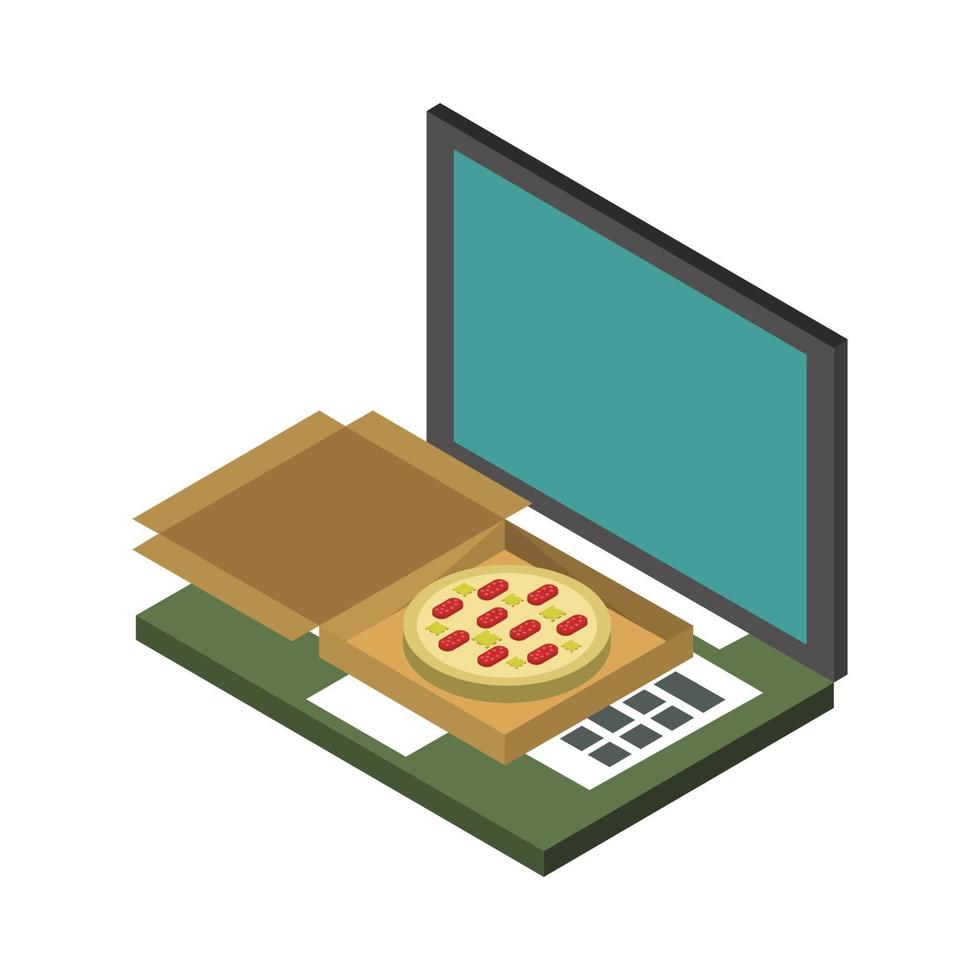 comprar pizza en línea isométrica en la computadora portátil vector