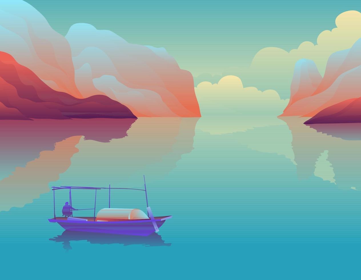 fishing boat on the lake between the mountains vector