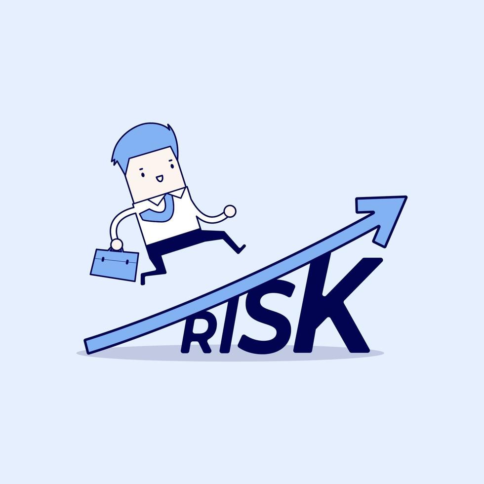 Businessman walking on grow up stock market graph above the word Risk. Cartoon character thin line style vector. vector