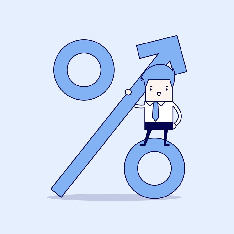 Businessman standing on percentage sign. Revenue growth. Cartoon character thin line style vector. vector