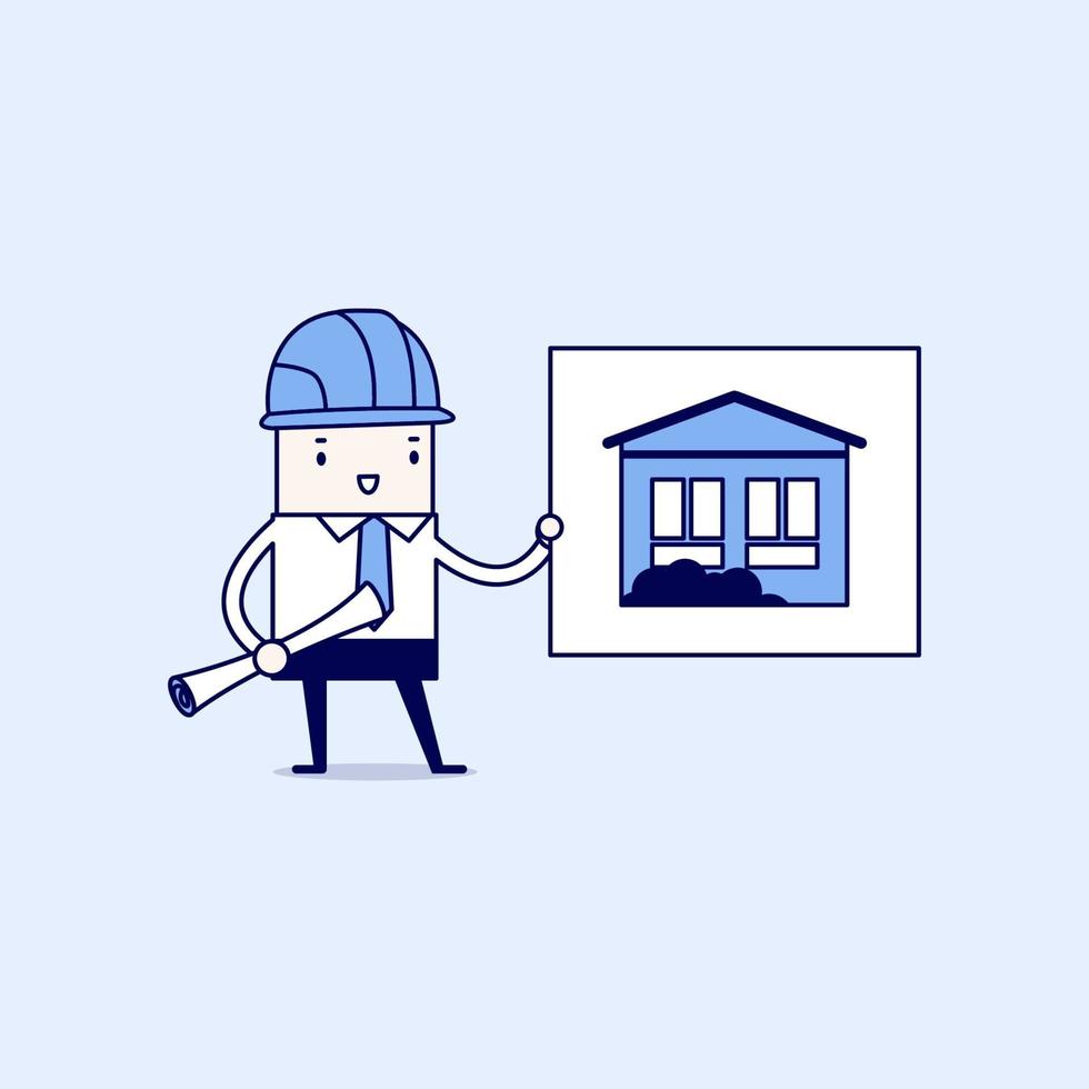 Businessman show house plans. Cartoon character thin line style vector. vector