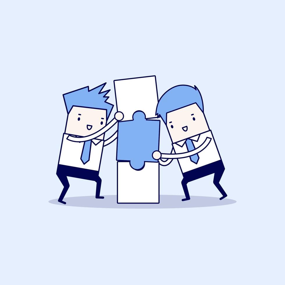 Businessmen with puzzle box. Business and partnership concept. Cartoon character thin line style vector. vector