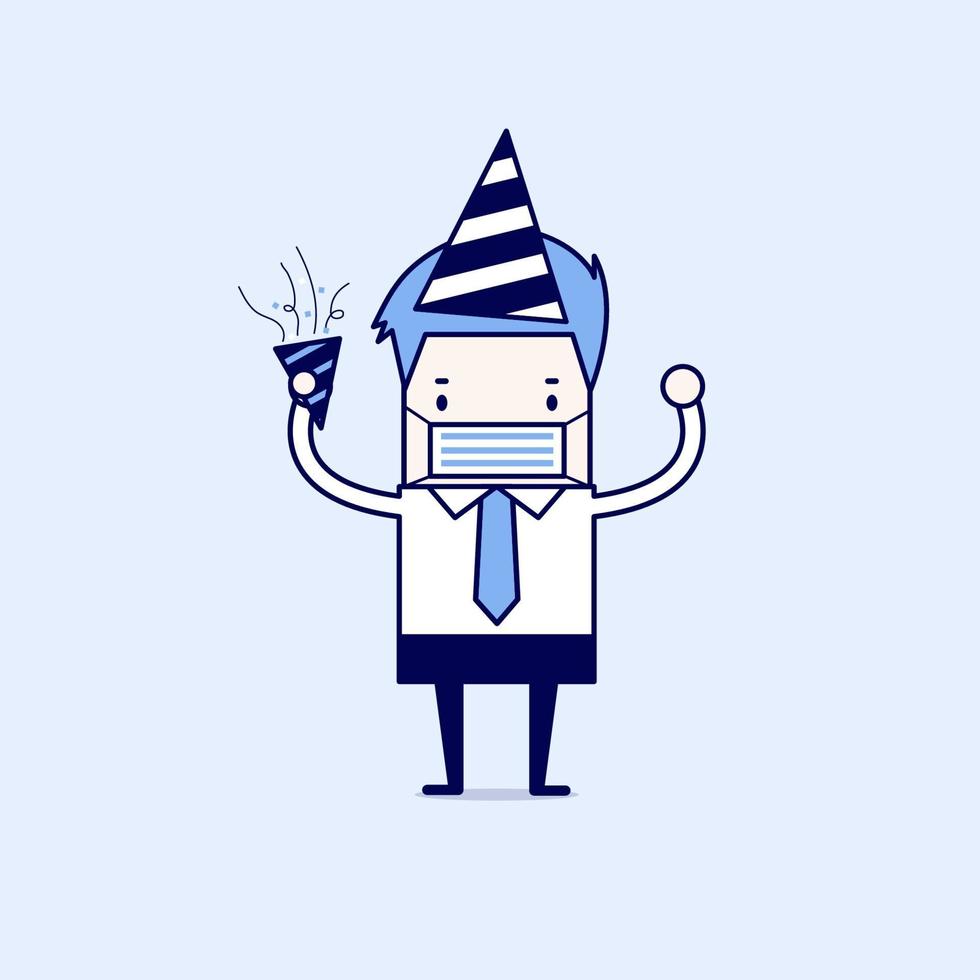 Businessman with party hat and face mask. Cartoon character thin line style vector. vector