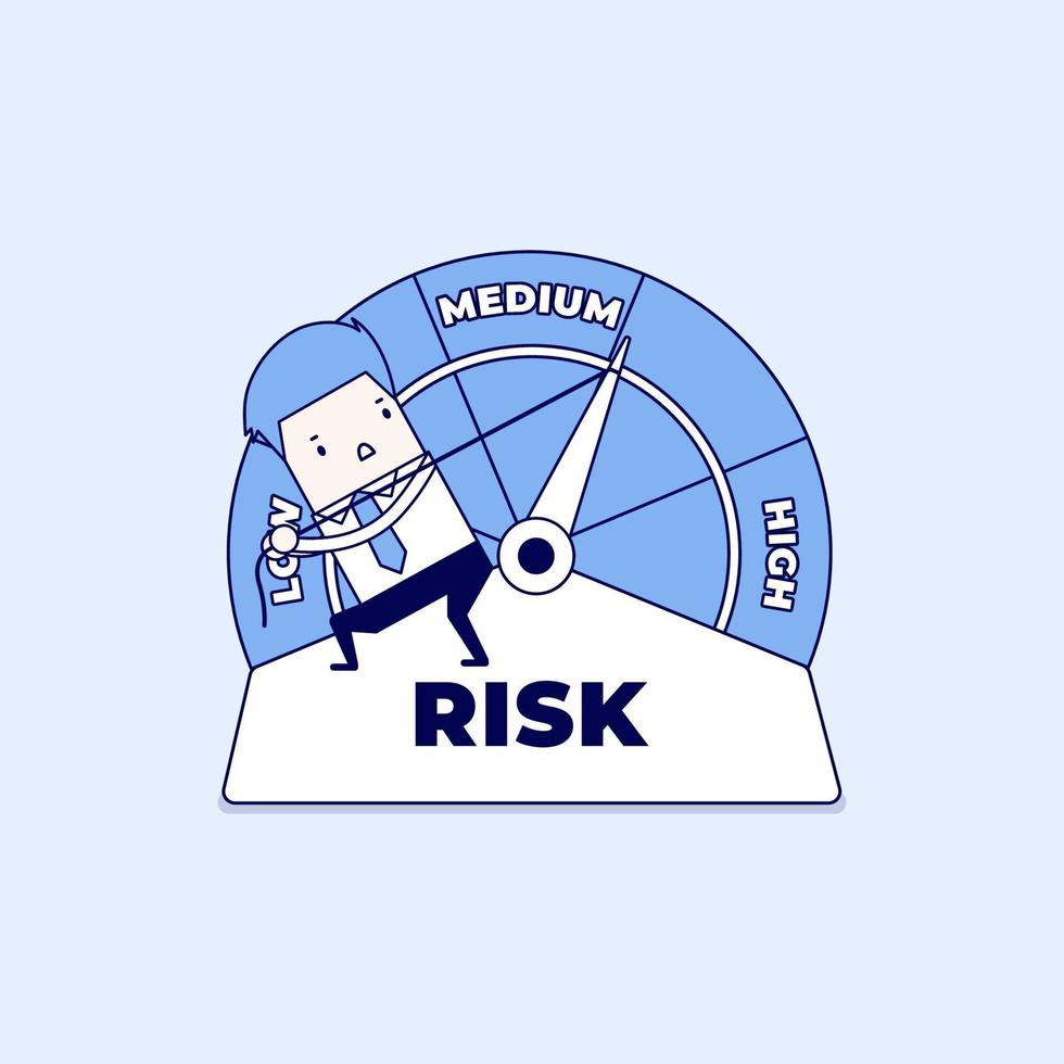 Businessman manages risk in business or life. Risk on the speedometer is high, medium, low. Cartoon character thin line style vector. vector