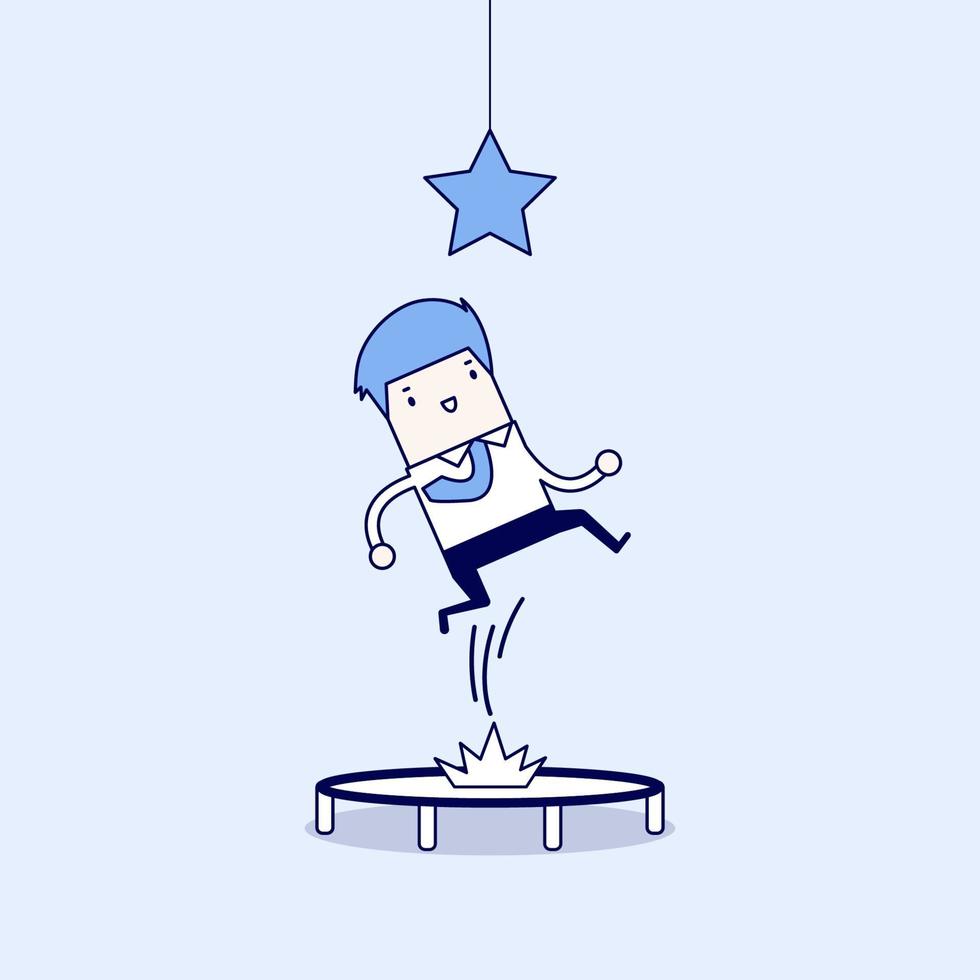 empresario tratando de atrapar la estrella saltando en un trampolín. vector de estilo de línea fina de personaje de dibujos animados.