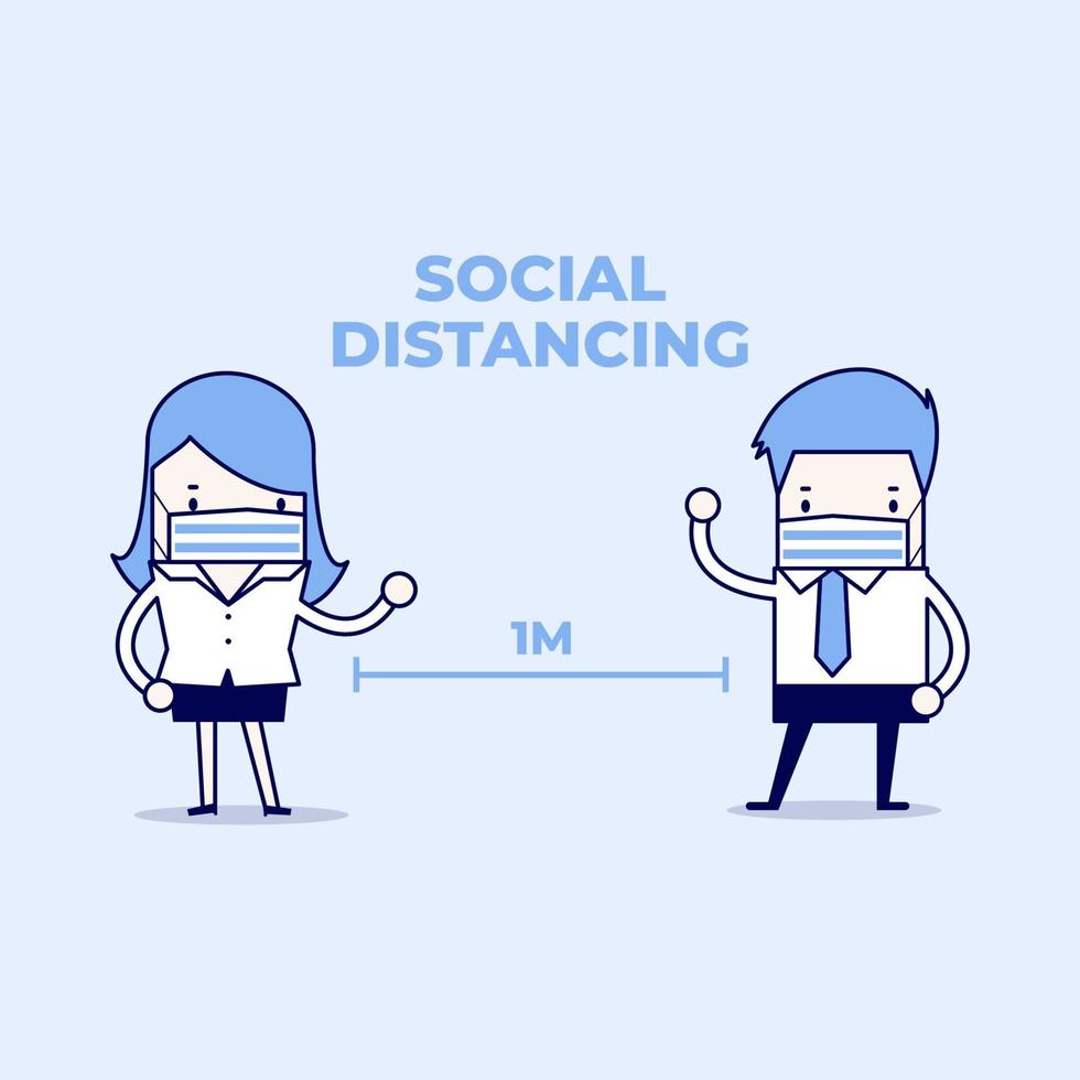 Businessman and Businesswoman keep distance away in the meeting with virus pathogens. Social distancing concept. Cartoon character thin line style vector. vector