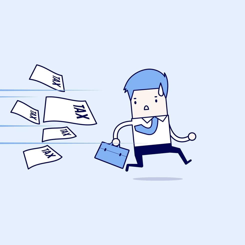 Businessman running away from tax invoice. Cartoon character thin line style vector. vector