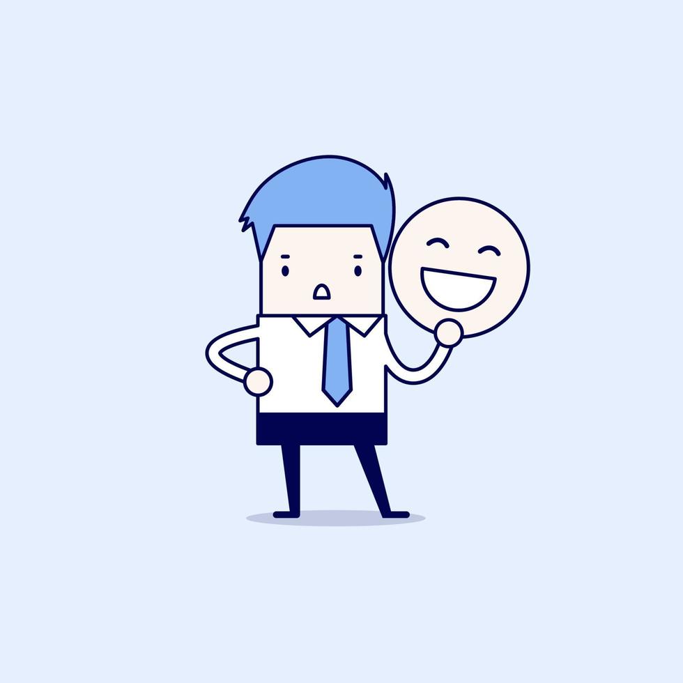 Businessman holding a smile mask. Cartoon character thin line style vector. vector