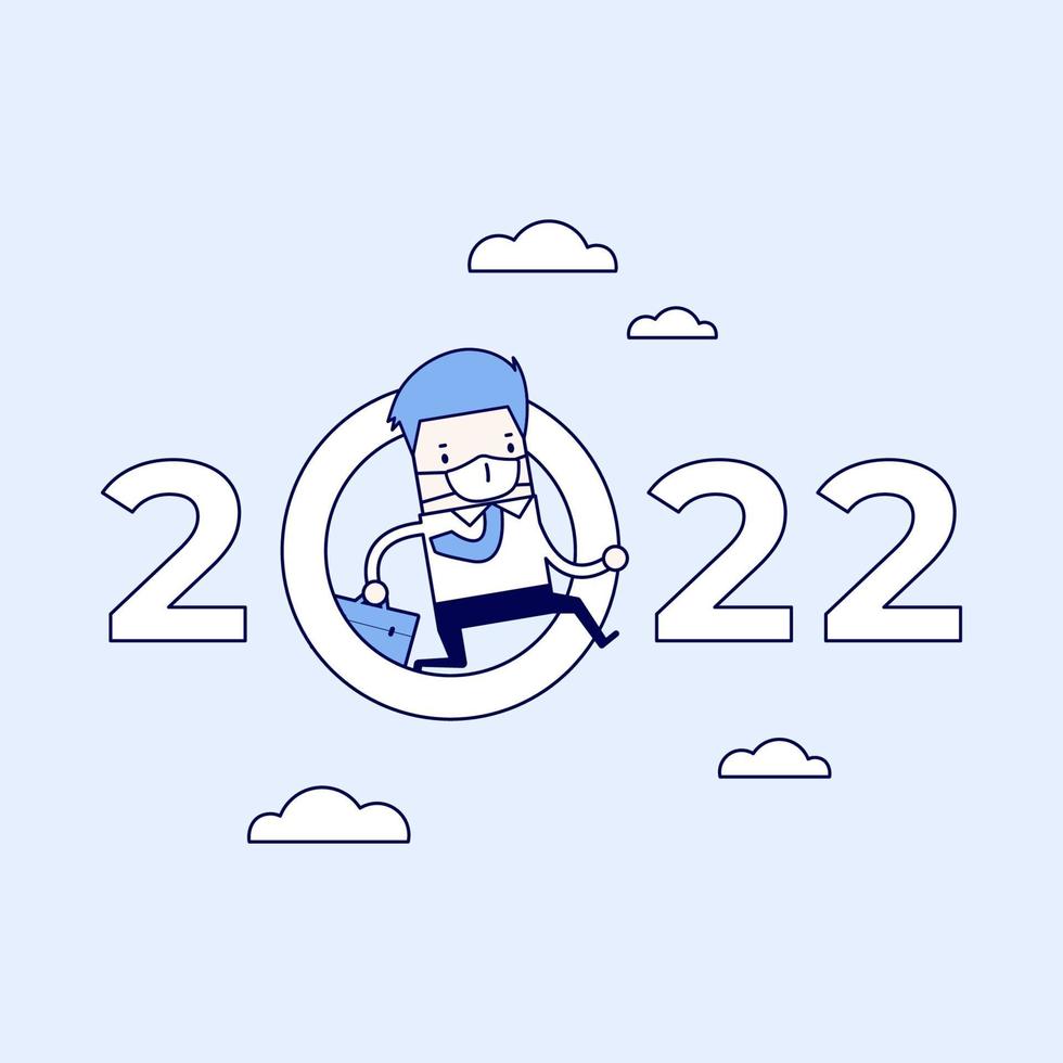 Masked businessman jumping through zero in number 2022. Cartoon character thin line style vector. vector