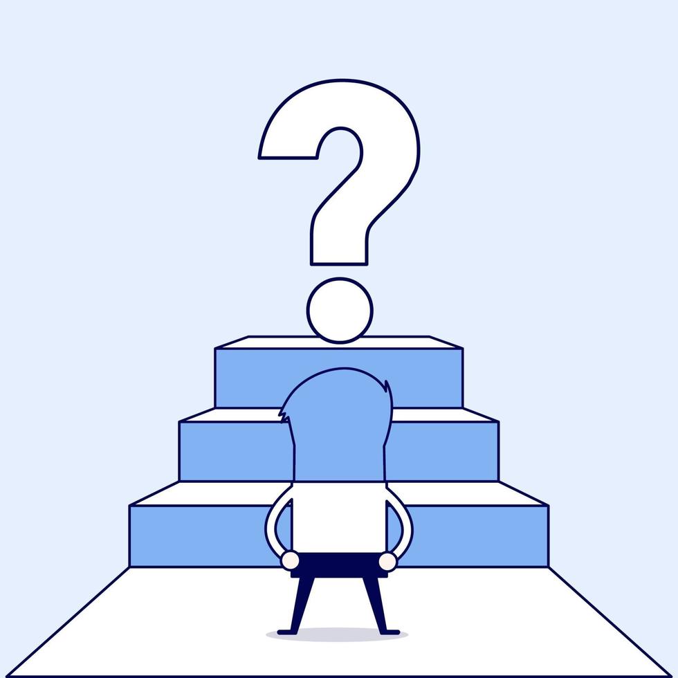 Businessman looking at big question mark. Cartoon character thin line style vector. vector