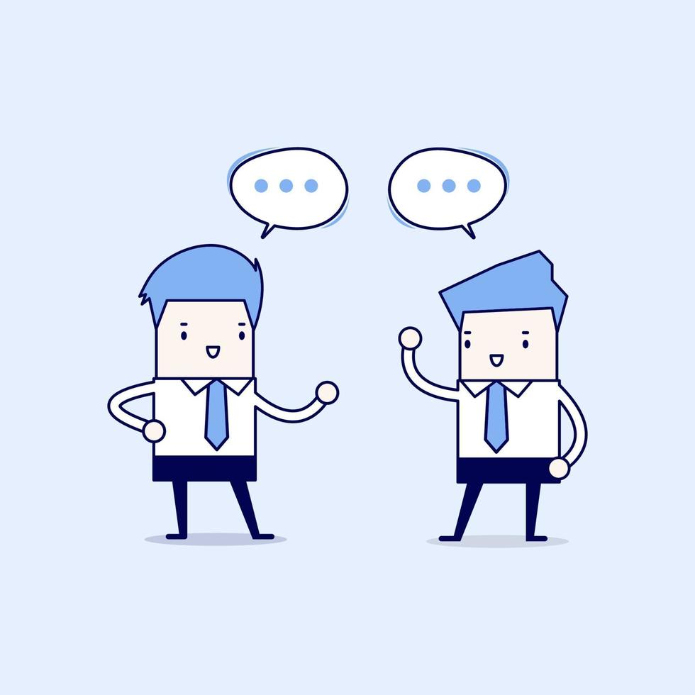 Two businessmen talking and discussing about business strategy. Cartoon character thin line style vector. vector