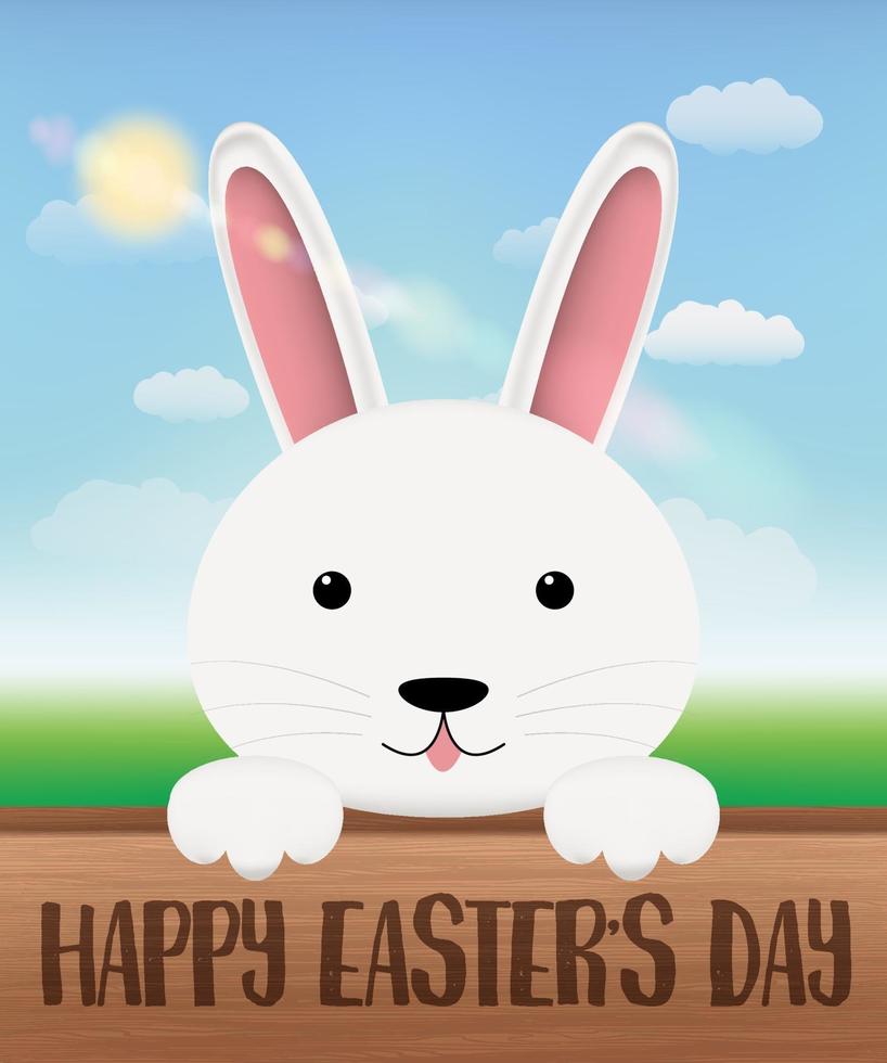 white bunny on a wood board with happy easter day vector