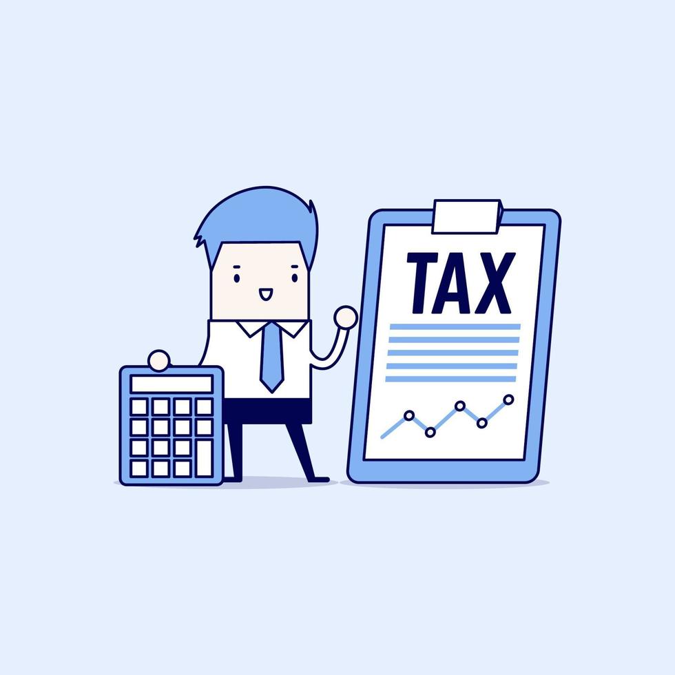 Businessman standing with tax document on clip board and calculator. Tax payment concept. Cartoon character thin line style vector. vector