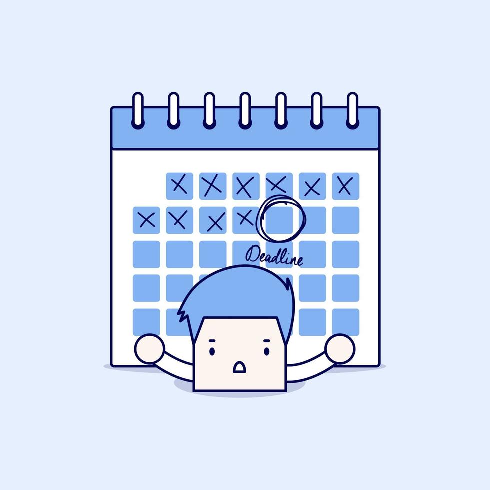 empresario con calendario sobre su espalda. trabajo duro y concepto de fecha límite. vector de estilo de línea fina de personaje de dibujos animados.