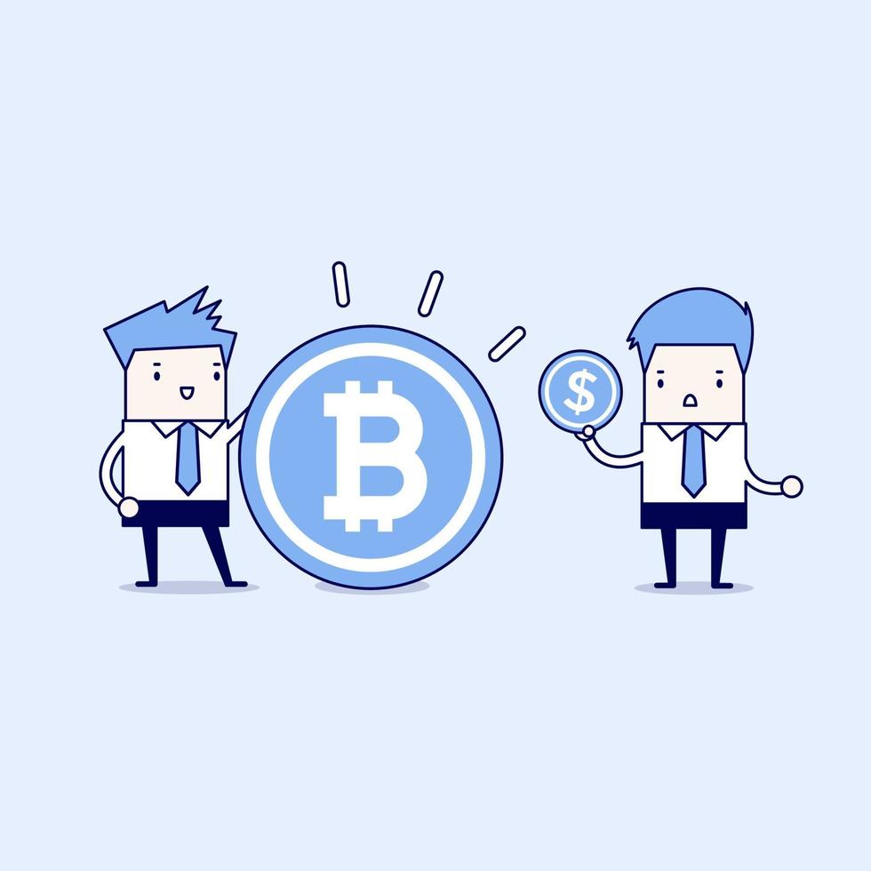 empresarios comparando entre bitcoin y moneda de dólar. vector de estilo de línea fina de personaje de dibujos animados.
