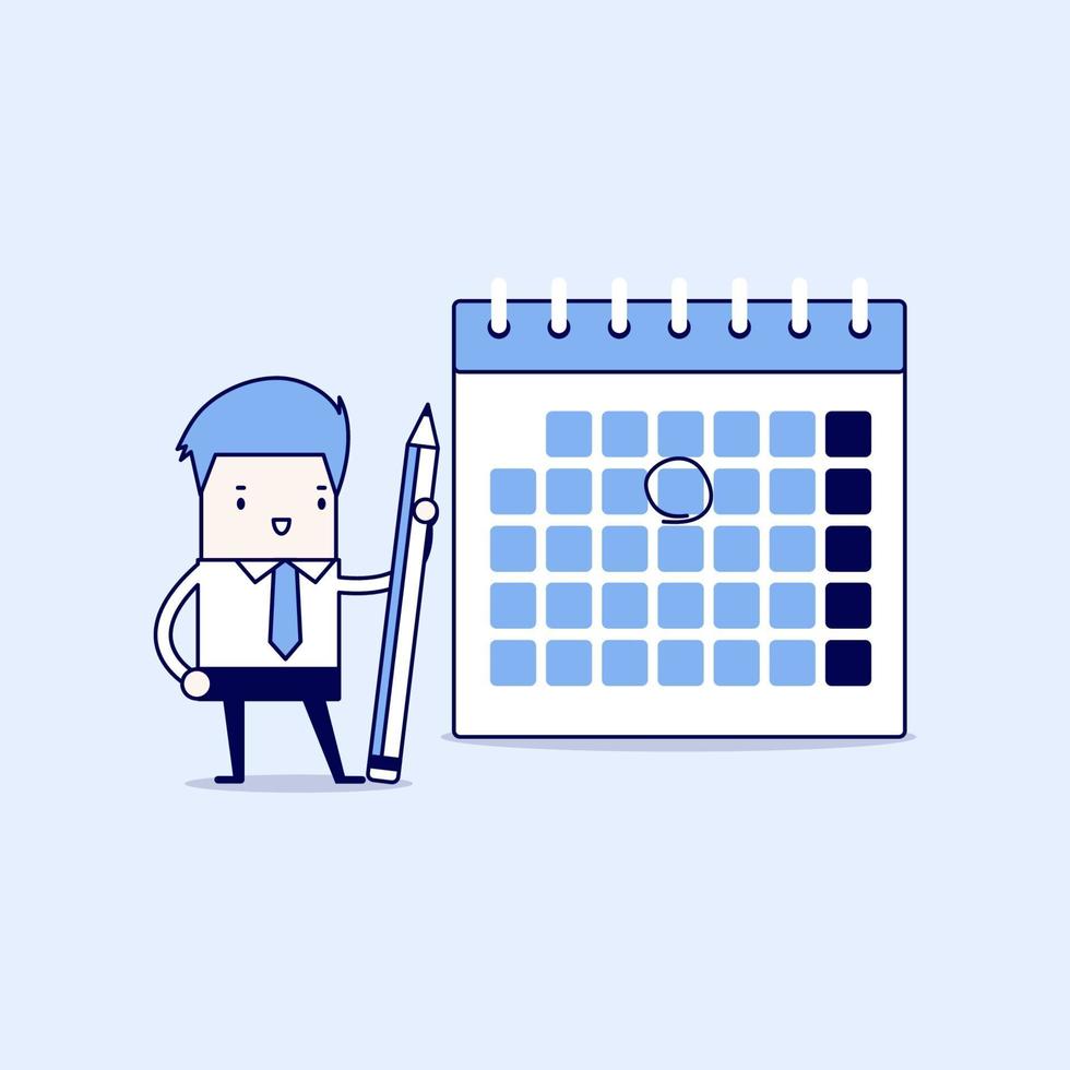 Businessman planning on calendar with pencil. Cartoon character thin line style vector. vector