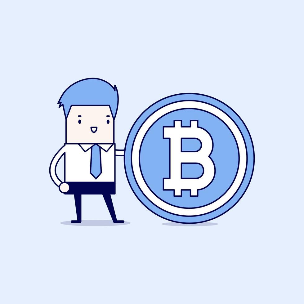 Businessman with the bitcoin symbol. Cartoon character thin line style vector. vector