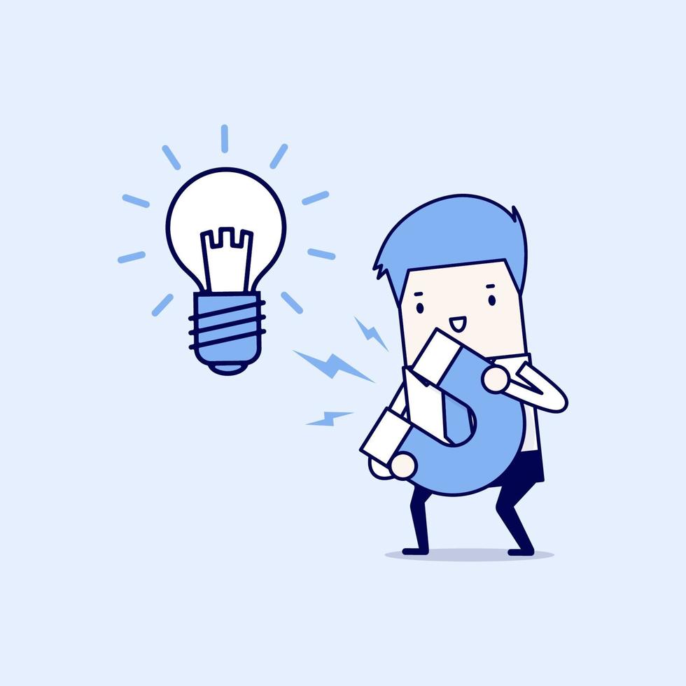 Businessman attracting light bulbs with a large magnet. Cartoon character thin line style vector. vector
