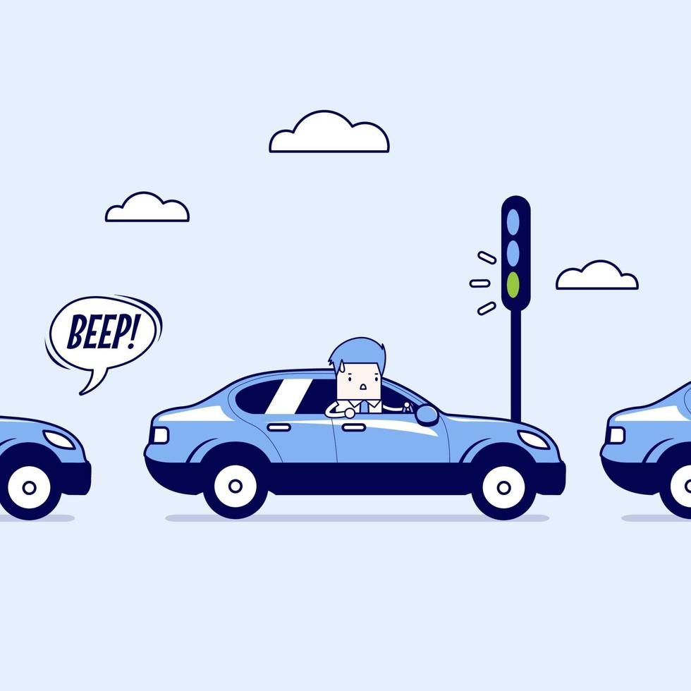 Businessman on the road with traffic jam, Green traffic light, honk a horn. Cartoon character thin line style vector. vector