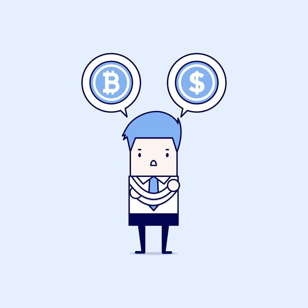 Businessman with Bitcoin or dollar choices. Cartoon character thin line style vector. vector