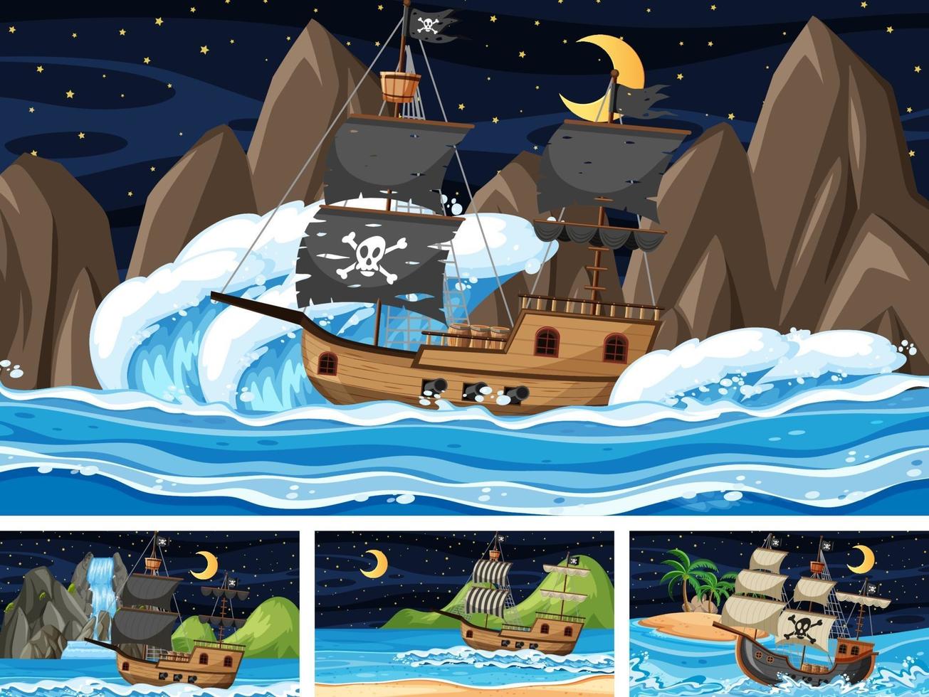 Set of Ocean with Pirate ship at different times scenes  in cartoon style vector