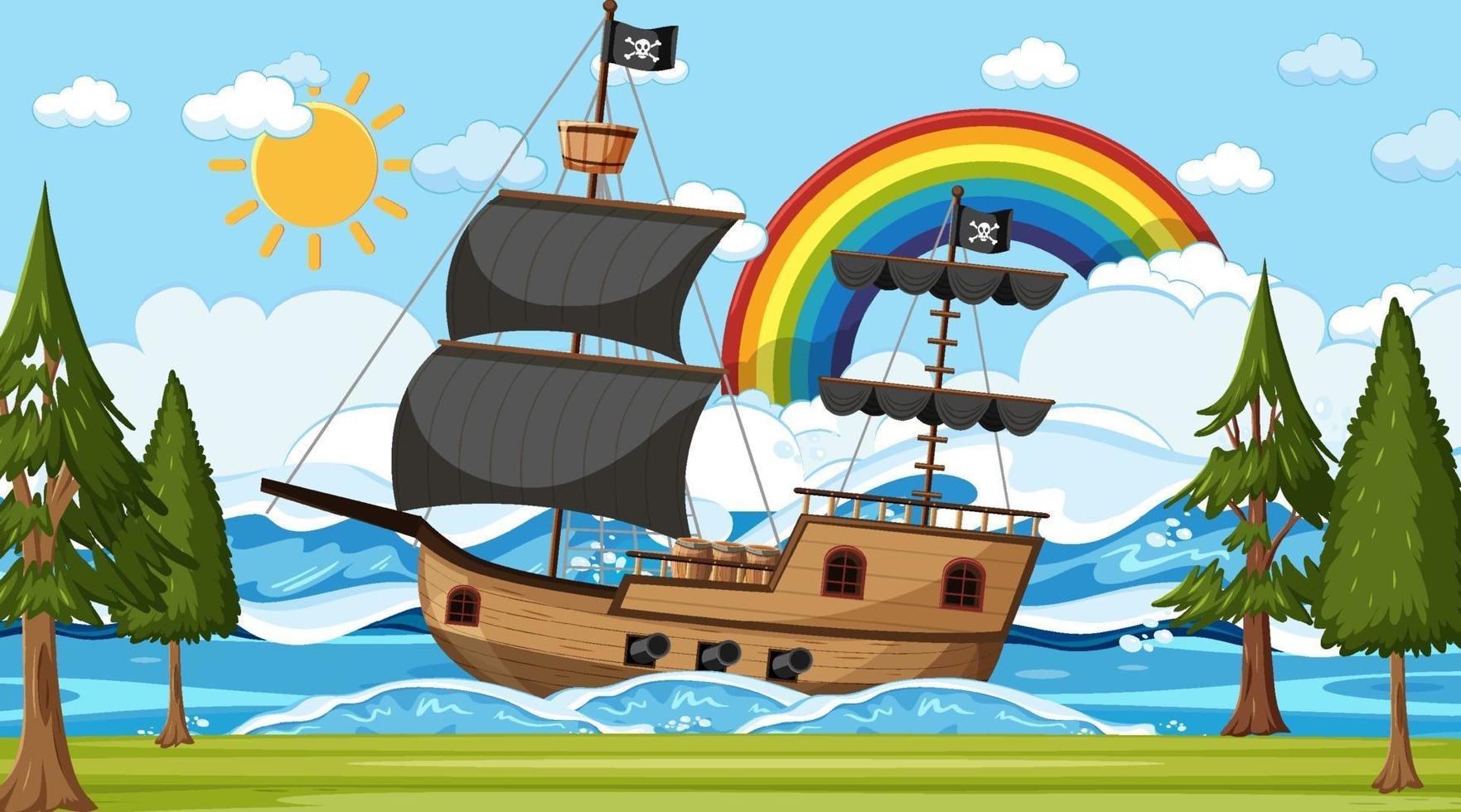 Ocean with Pirate ship at day time scene in cartoon style vector