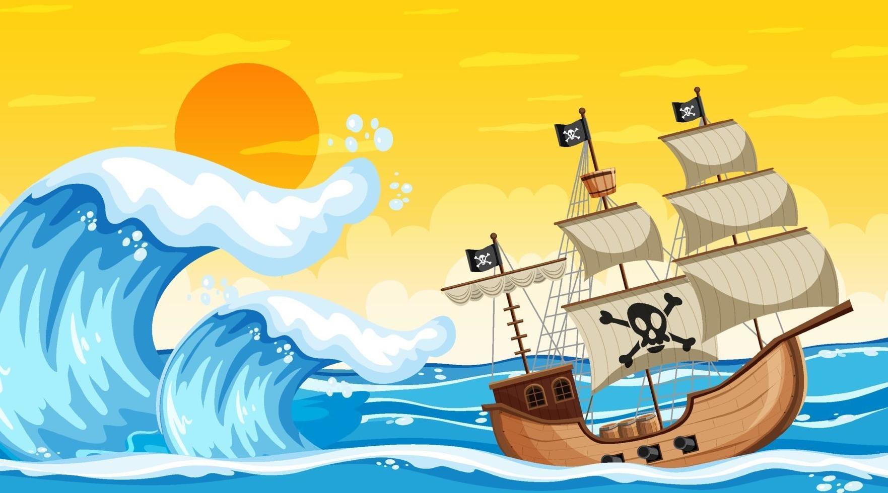 Escena del océano al atardecer con barco pirata en estilo de dibujos animados vector