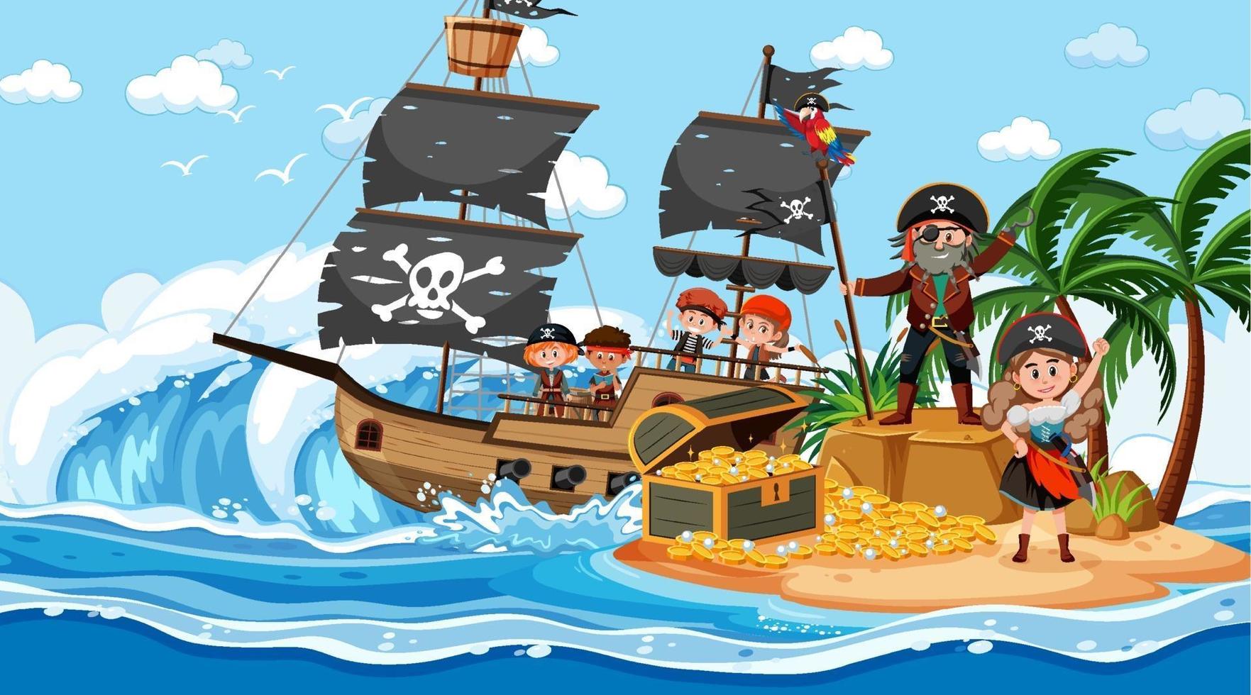 escena de la isla del tesoro durante el día con niños piratas vector