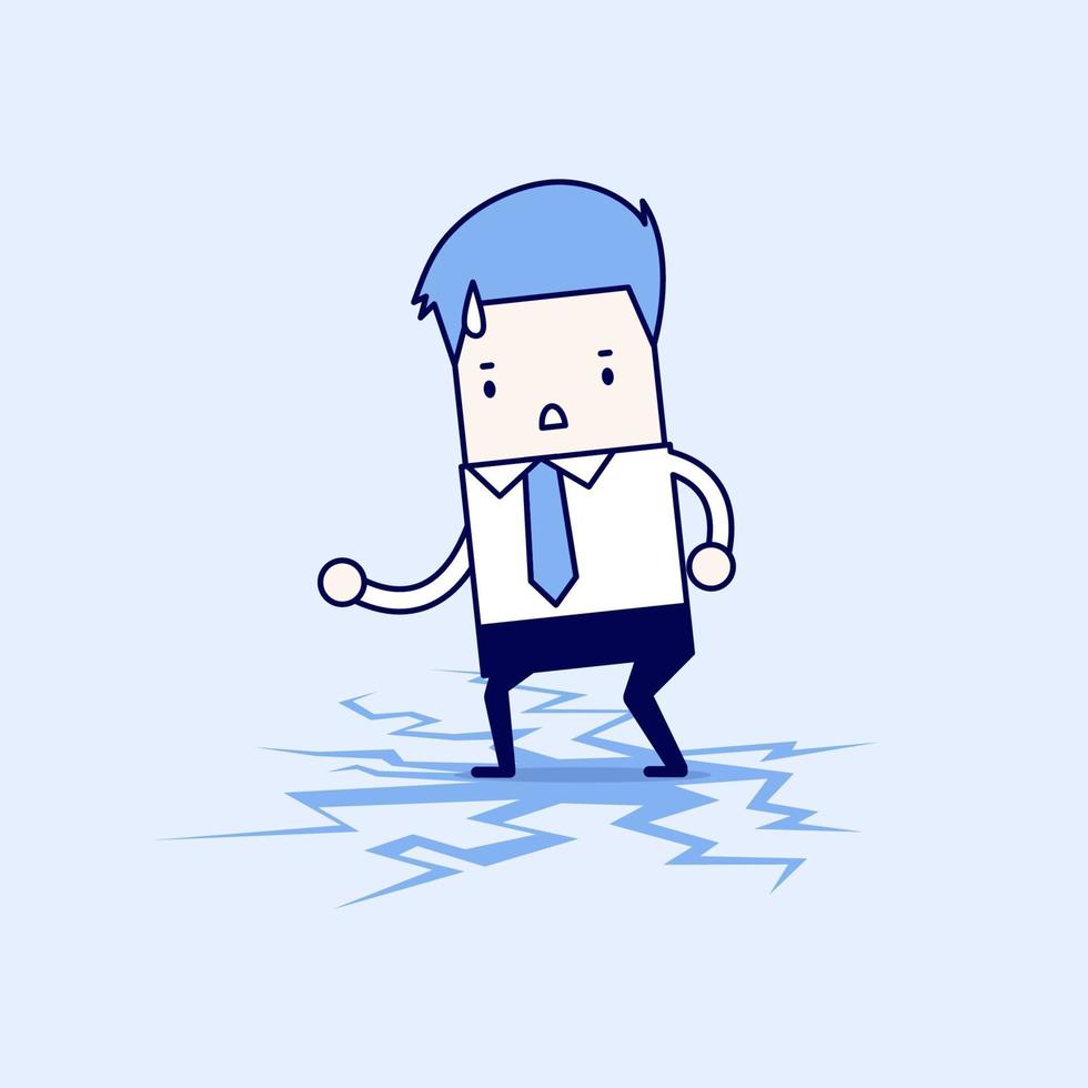 Businessman standing on cracking floor. Cartoon character thin line style vector. vector