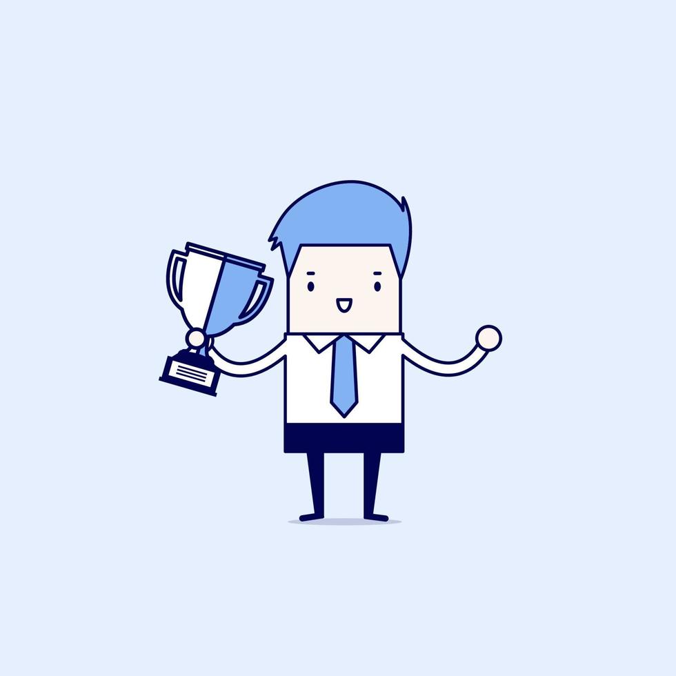 Businessman holding winning trophy. Cartoon character thin line style vector. vector