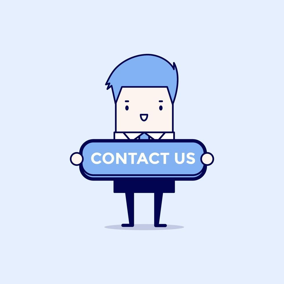 Businessman with contact us button. Cartoon character thin line style vector. vector