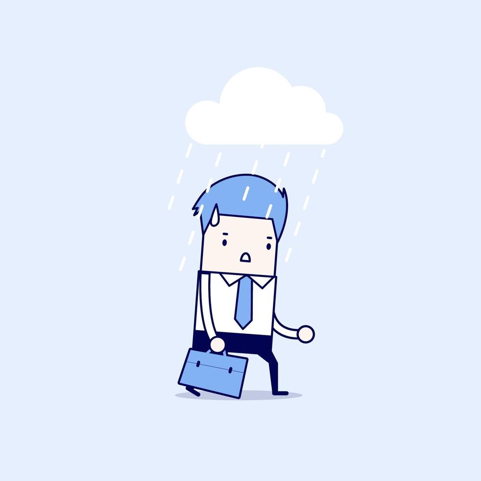 Depressed businessman walking in the rain. Cartoon character thin line style vector. vector