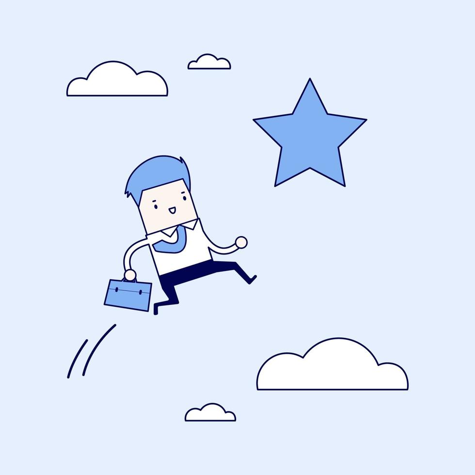 Businessman jumps to reach out for the star. Cartoon character thin line style vector. vector