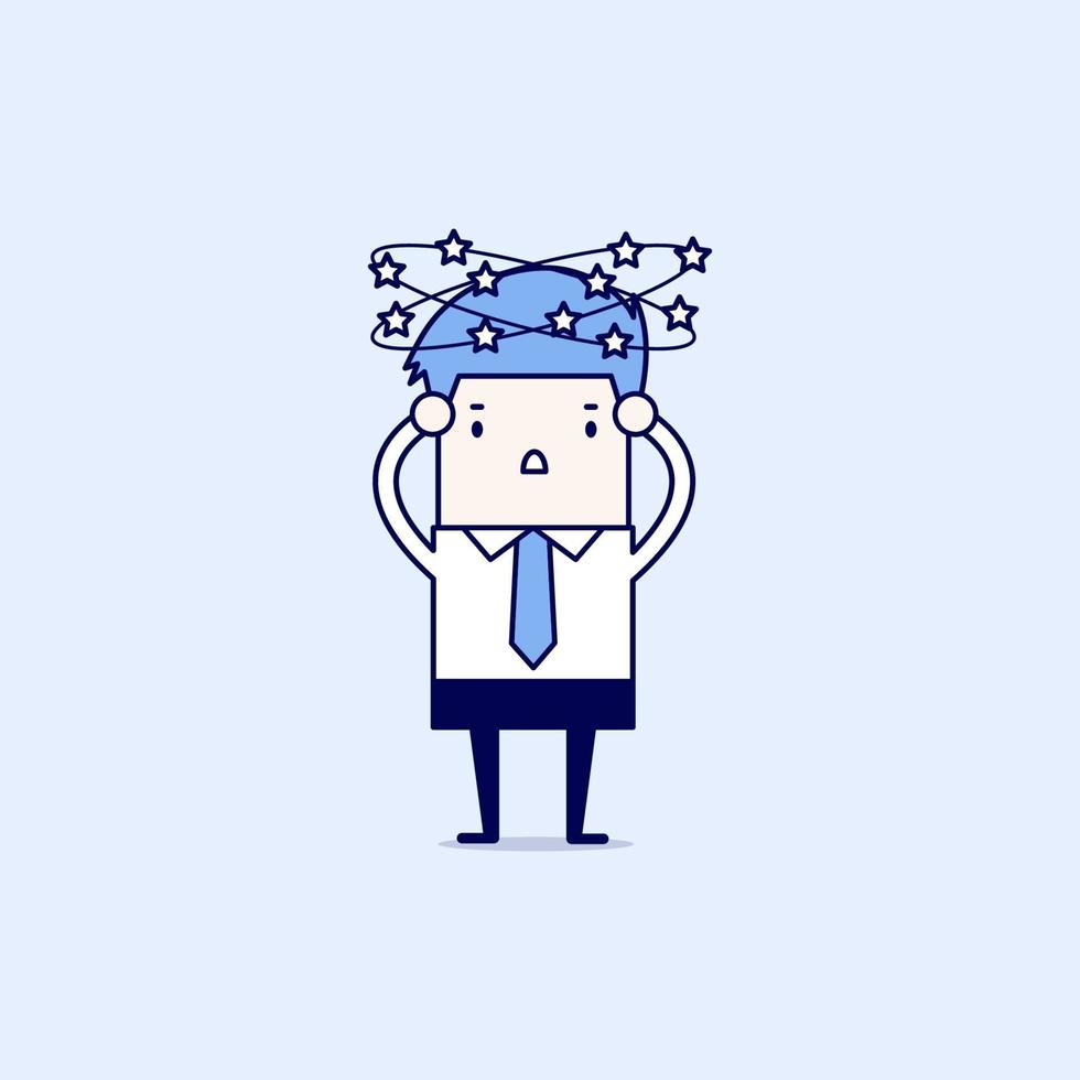 Businessman with stars spinning around his head. Cartoon character thin line style vector. vector