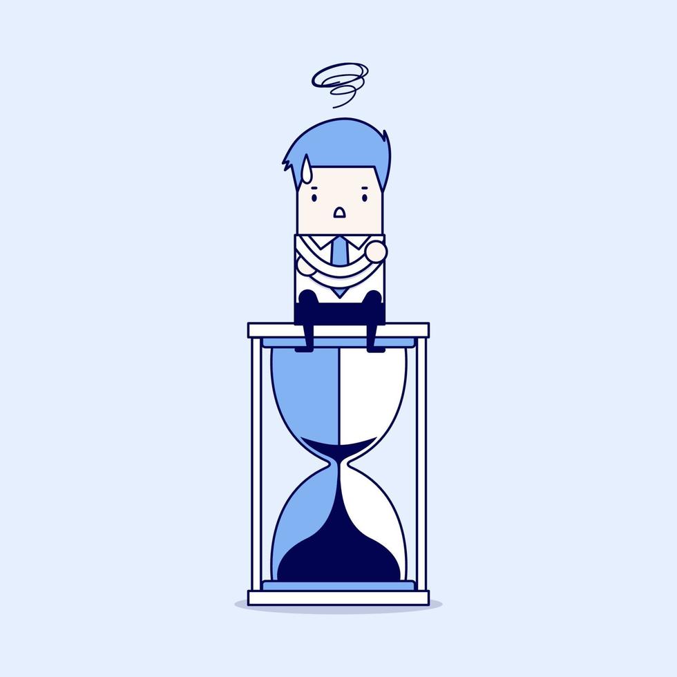 Businessman sitting on hourglass. deadline concept. Cartoon character thin line style vector. vector