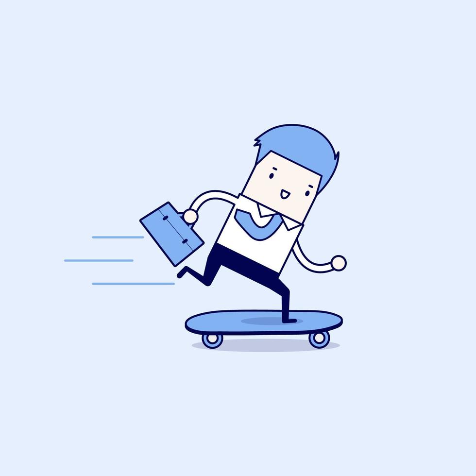 Businessman on a skateboard with briefcase. Cartoon character thin line style vector. vector