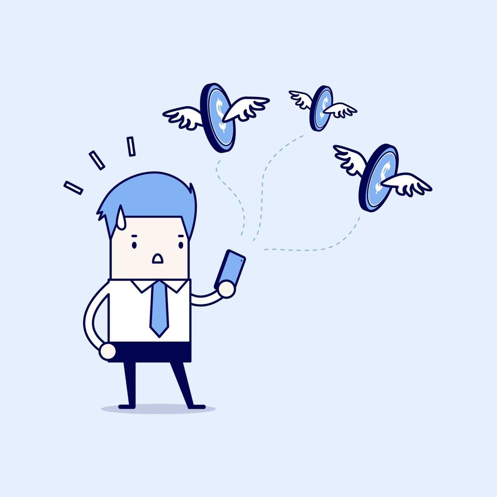 Businessman with money flying out from smartphone. Cartoon character thin line style vector. vector