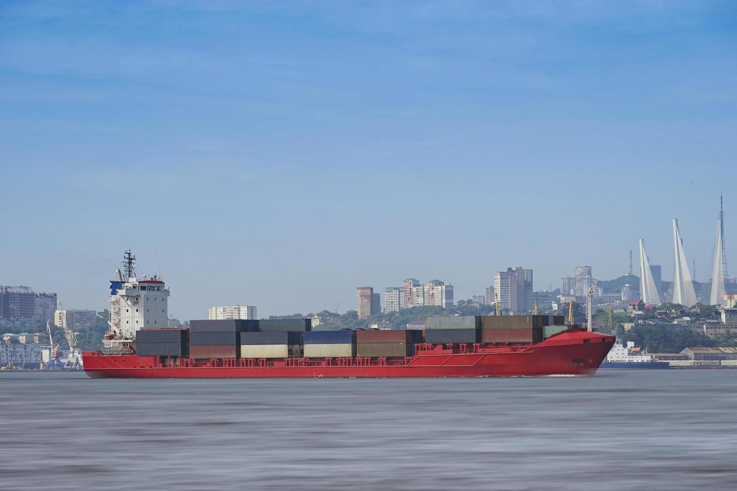Seascape with a red container ship on the background of the cityscape. photo