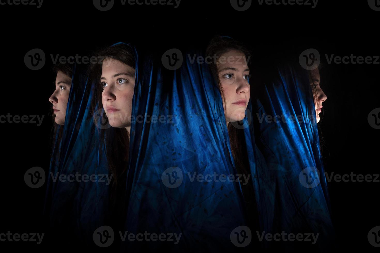 Face of a young woman with a blue headscarf in front and in profile photo