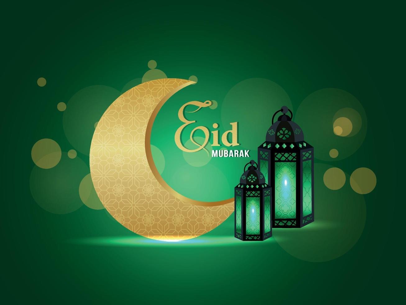 Eid mubarak celebration greeting card with vector lanterns on pattern background