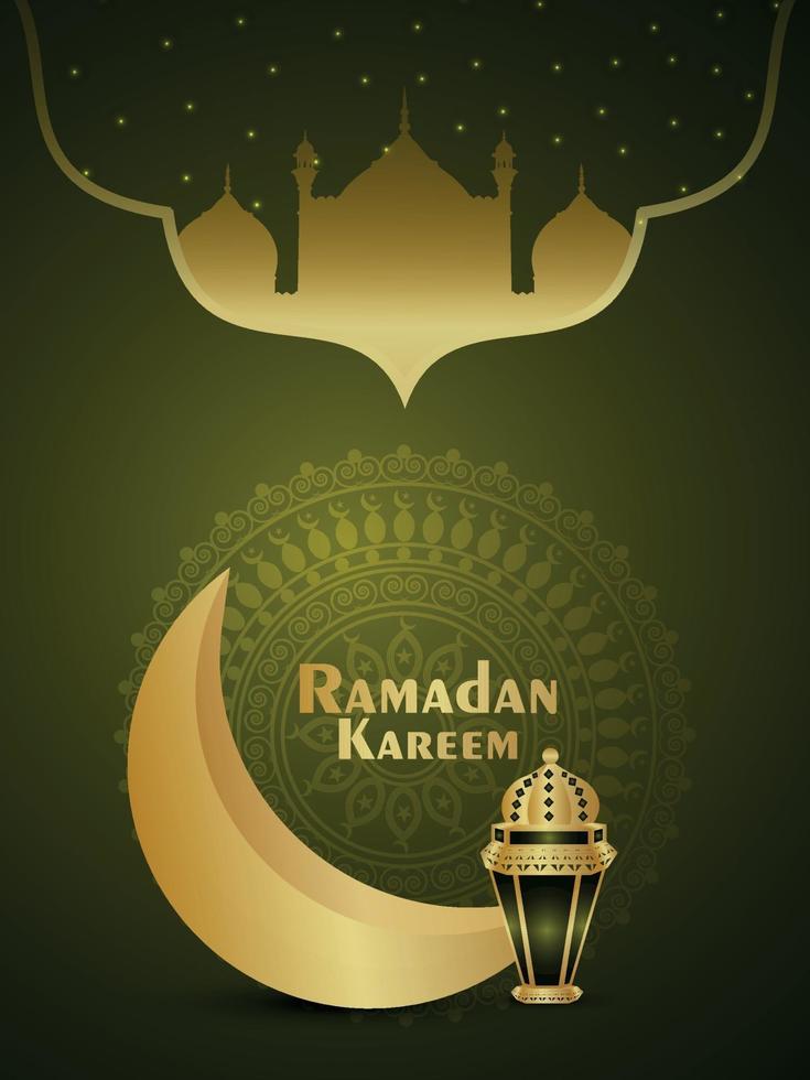 Realistic vector illustration of ramadan kareem invitation party flyer with golden moon and lantern