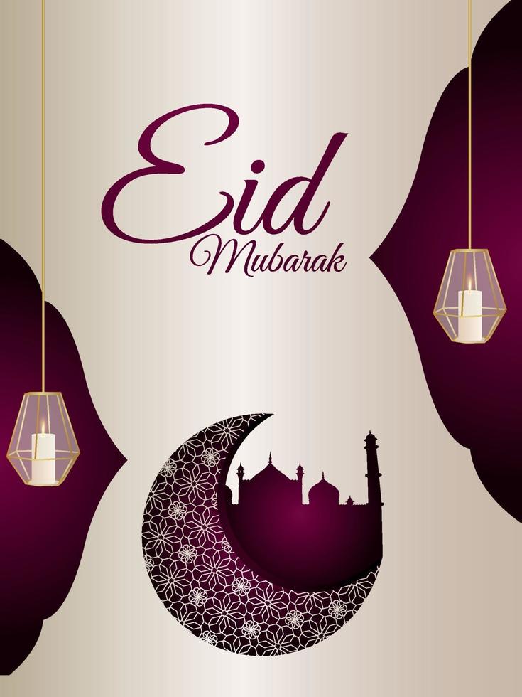 Folleto de fiesta de celebración de eid mubarak con luna y linterna de patrón árabe vector