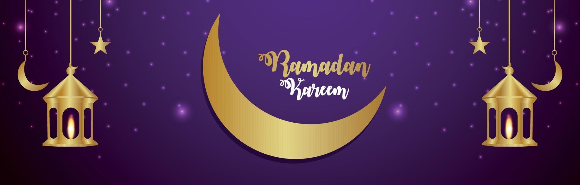 Ramadan kareem islamic festival invitation banner with realistic golden moon and lantern vector