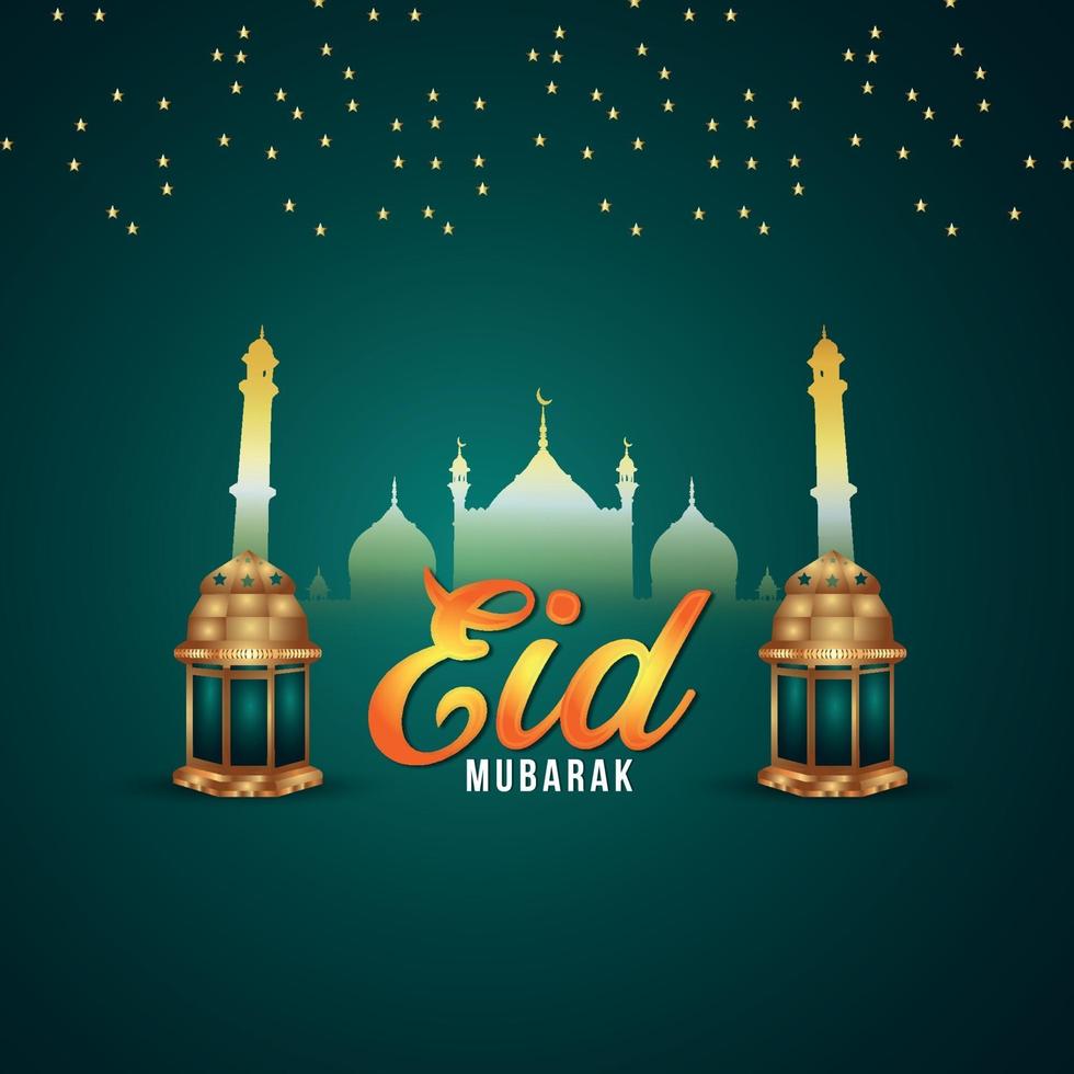 Eid mubarak islamic festival celebration vector illustration with golden lantern and pattern