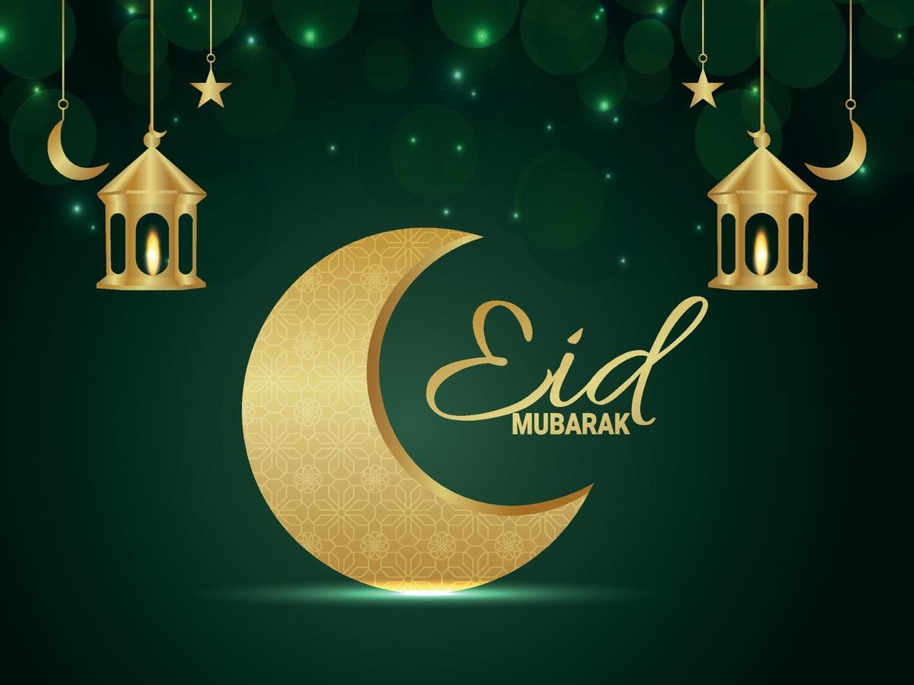 Realistic eid mubarak background with golden moon and lantern vector