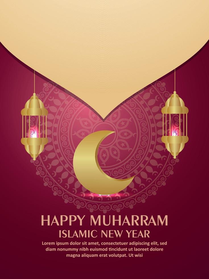 Flyer de fiesta de invitación de año nuevo islámico feliz muharram con luna dorada y linternas vector