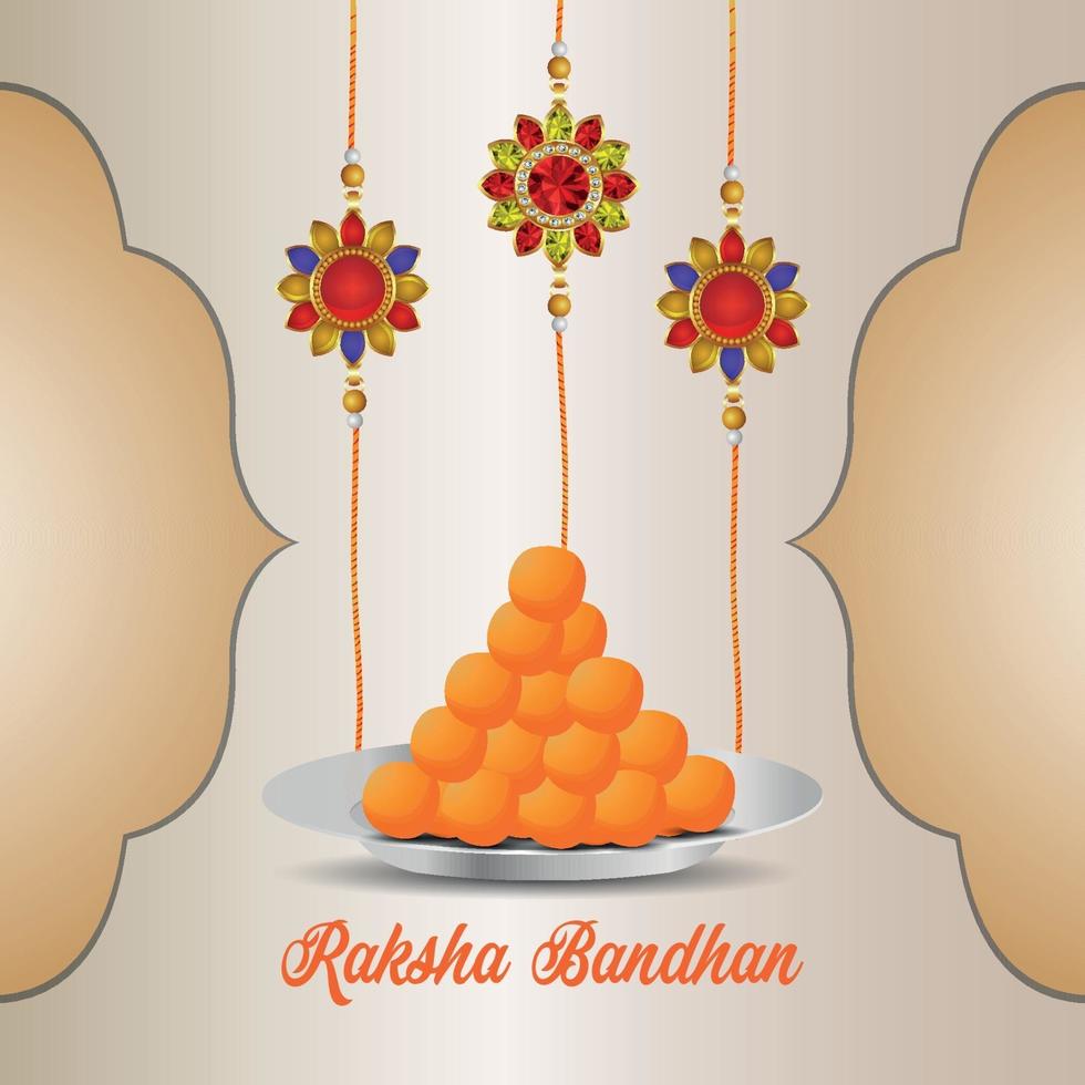 festival indio de feliz celebración raksha bandhan tarjeta de felicitación con crystal rakhi y dulce vector