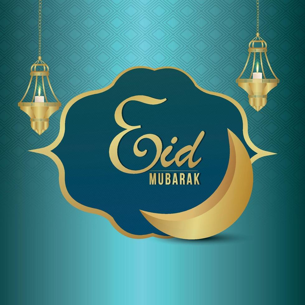 Islamic festival eid mubarak celebration greeting card with flat lanterns vector